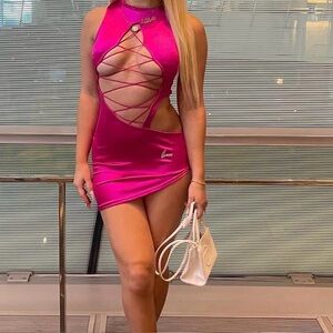 Gsuwoo Vibrant Pink Cut-Out Mini Dress
